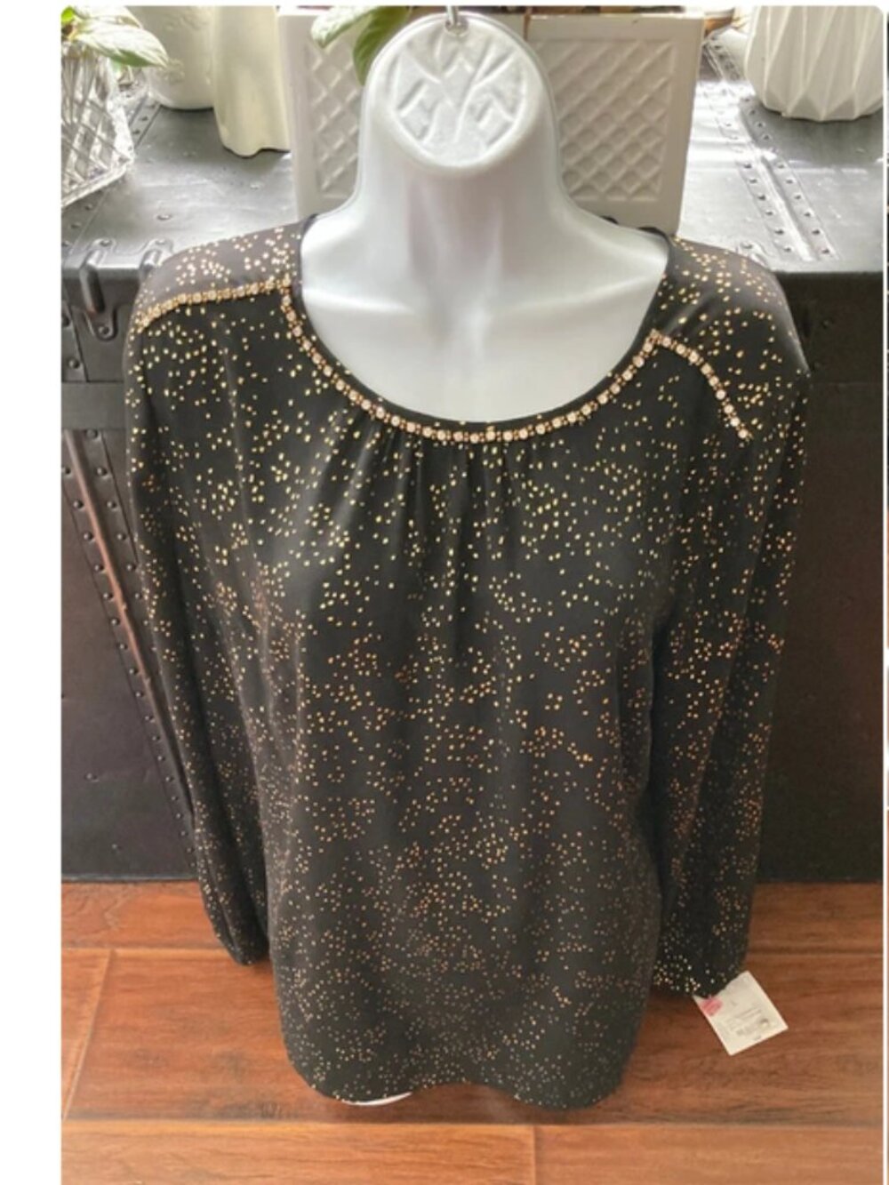 Worthington Black with Gold Beads & Rhinestones Long Sleeves L NWT